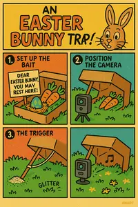 AI-generated illustration showing a whimsical Easter Bunny trap with a basket of colorful eggs as bait under a propped-up box. The scene includes carrots, flowers, and decorative elements in a spring garden setting, designed to be playful rather than threatening.