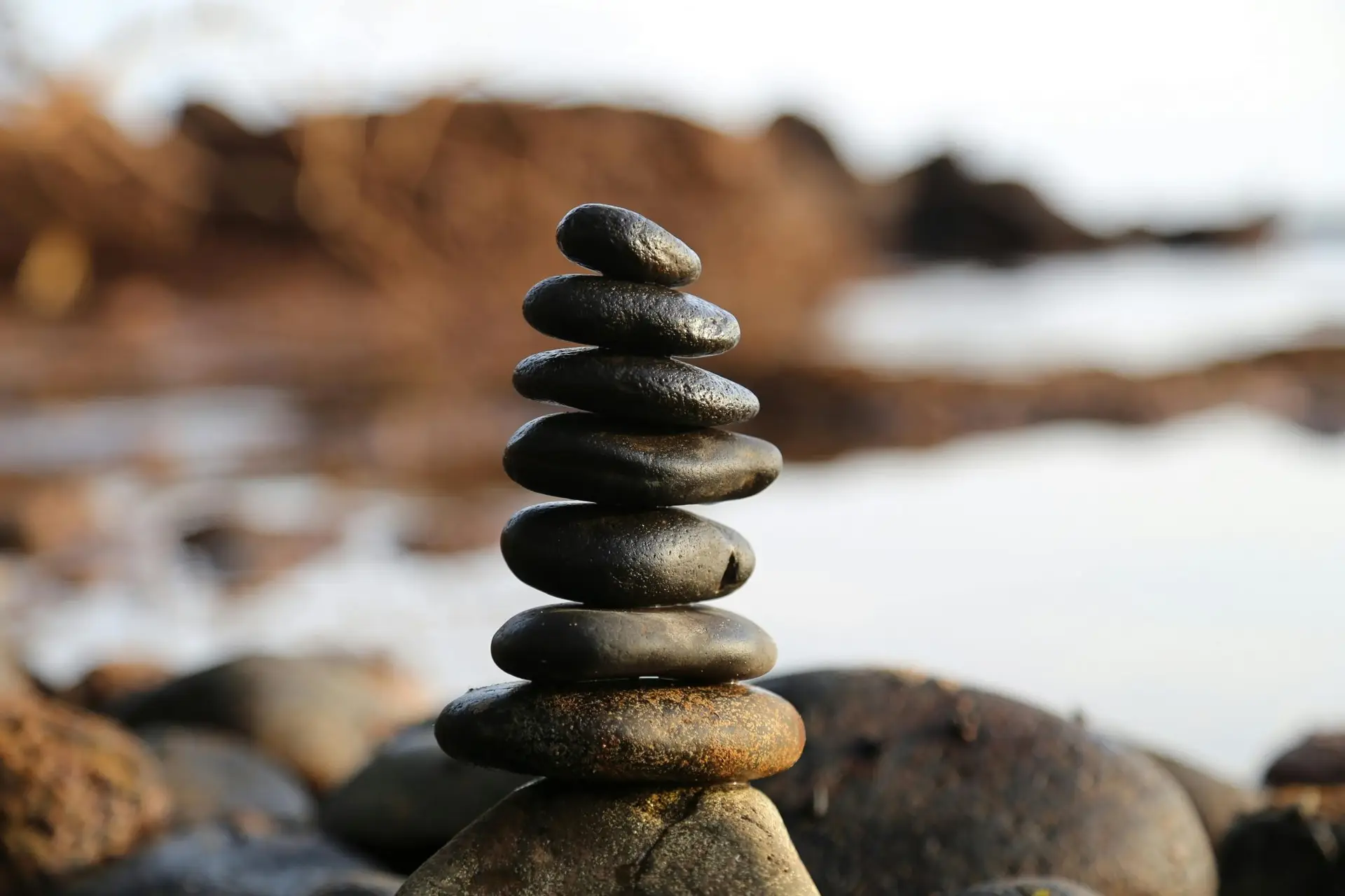 Stacked black stones balanced on a rocky shoreline, symbolizing stability, discipline, and thoughtful investment in AI